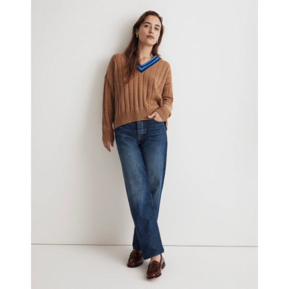 NEW Madewell Tipped Forrest V-Neck Sweater Heather Caramel Women's Size Small - Picture 4 of 8